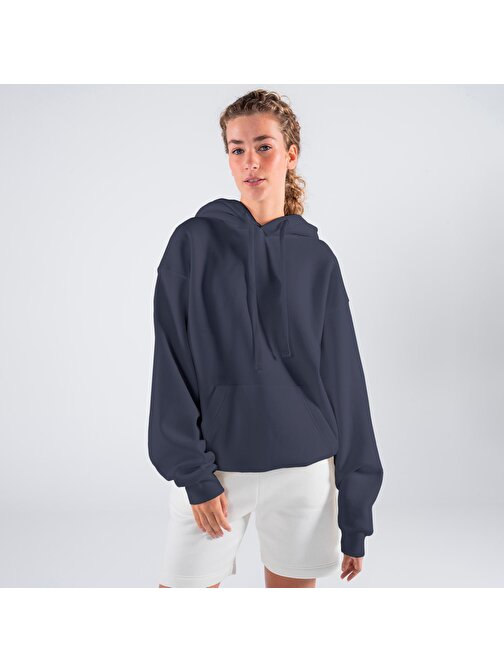 Agar Kadın Koyu Mavi Kanguru Cepli Kapüşonlu Oversize Hoodie Sweatshirt  | XL