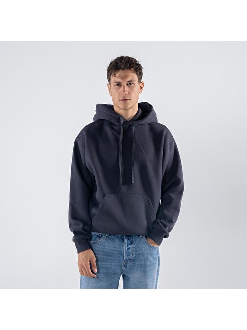 Agar Erkek Koyu Mavi Kanguru Cepli Kapüşonlu Oversize Hoodie Sweatshirt  | S