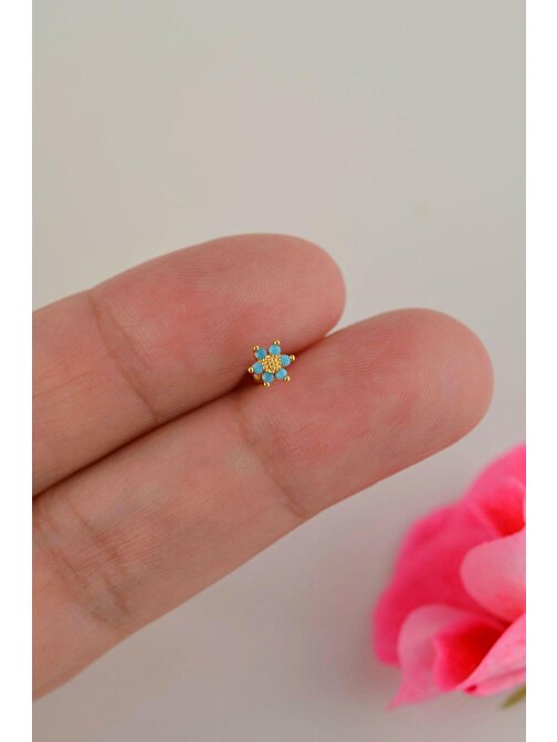 Gold Çelik Mavi Çiçek Piercing Helix Kıkırdak
