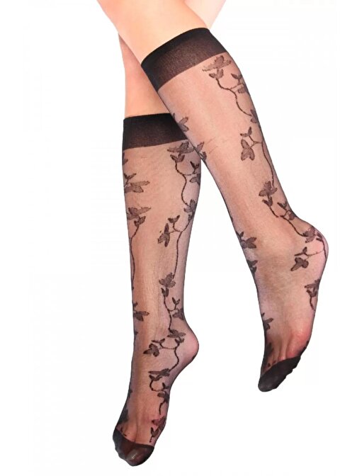 Sarmaşık Desenli Dizaltı Kadın Çorap Siyah - Lks0309.5