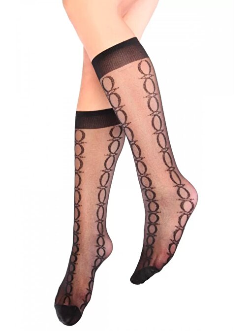 Antik Desenli Dizaltı Kadın Çorap Siyah - Lks0309.1