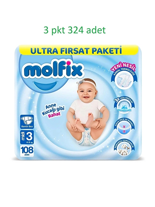 Molfix 4-9 kg 3 Numara Ultra Fırsat Paketi Bebek Bezi 324 Adet