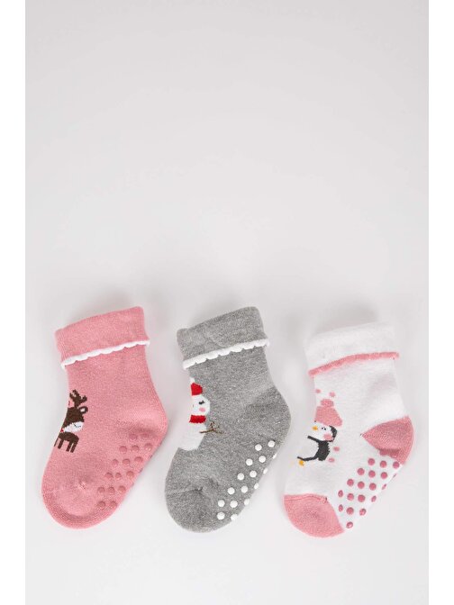 Defacto Y7811A2NS Kız Bebek Yılbaşı Temalı Pamuklu 3'lü Uzun Çorap  Renkli 12 - 24 Ay