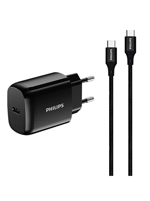 Philips Siyah Örgülü 25W USB-C Duvar Şarj Adaptörü + Kablo Şarj Aleti 1 mt