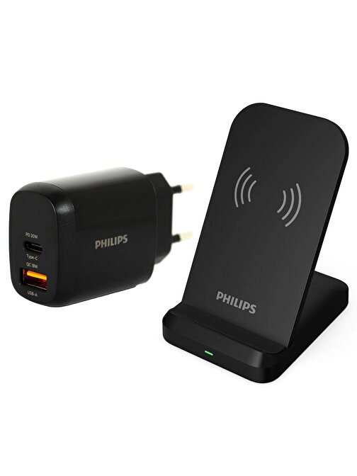 Philips Siyah 15W Kablosuz Dikey Hızlı Şarj Standı Ve Usb-A Ve Usb-C 20W Pd Hızlı Şarj Adaptörü-Dlp4326Cb-Dlp9212