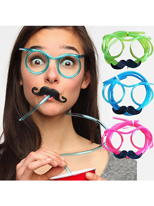 Pipetli Parti Gözlüğü - Çocuk ve Yetişkin Bıyıklı Pipet Gözlük Yeşil Renk 18x14 cm
