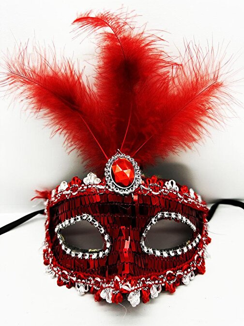 Kırmızı Renk PAyetli Pullu Tüylü Parti Maskesi 17 x 20 cm