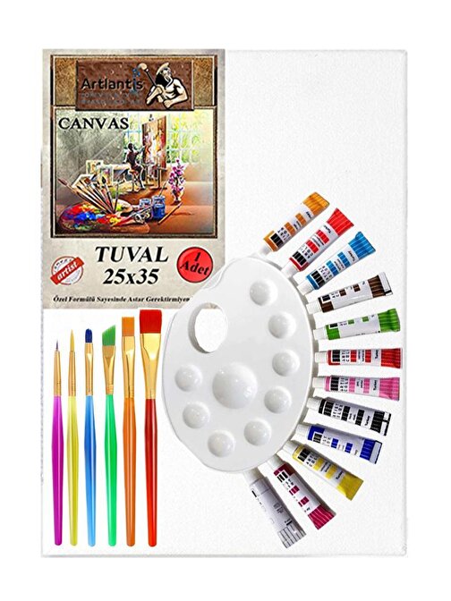 Yağlı Boya Hobi Boyama Seti 1 Paket 25x35 cm Tuval 12 li Yağlı Boya Tüp Resim Paleti Fırça Seti 6 lı