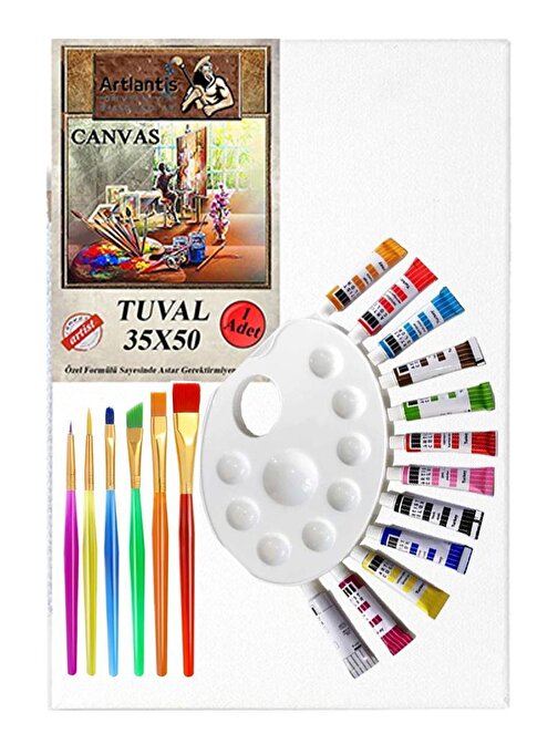 Guaj Boya Hobi Boyama Seti 1 Paket 35x50 cm Tuval 12 li Guaj Boya Tüp Resim Paleti Fırça Seti 6 lı