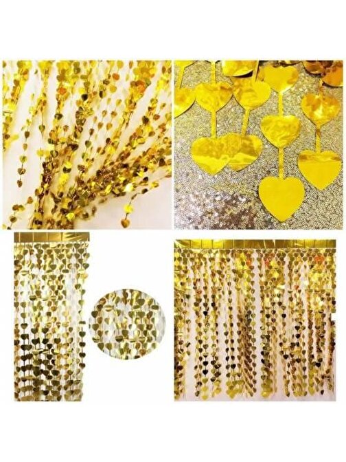 Tugra Ticaret Altın Renk Kalp Şekilli Metalize Saçaklı Arka Fon Perde Dekorasyon