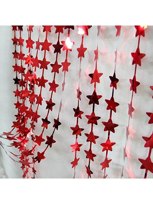 Tugra Ticaret Kırmızı Renk Yıldız Şekilli Metalize Saçaklı Arka Fon Perde Dekorasyon
