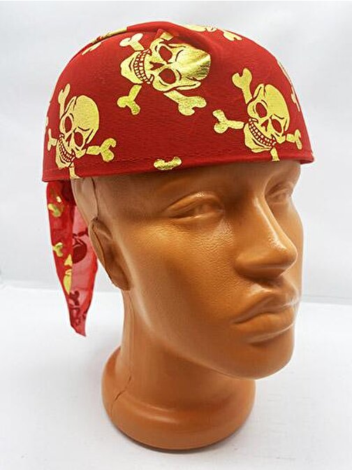 Tugra Ticaret Kırmızı Renk Altın Kuru Kafa Baskılı Korsan Şapkası