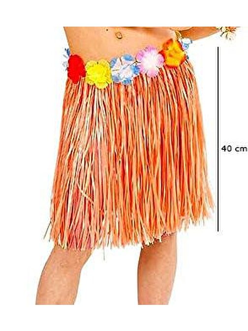 Tugra Ticaret Yetişkin ve Çocuk Uyumlu Turuncu Renk Püsküllü Hawaii Luau Hula Etek 40 cm