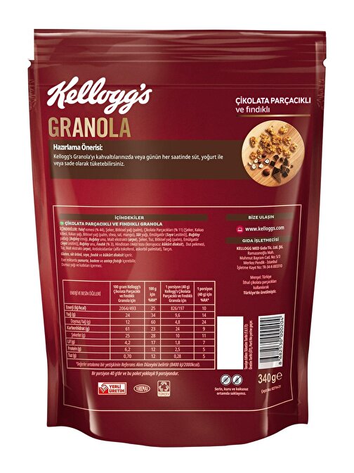 Kellogg's Çikolata Parçacıklı ve Fındıklı Granola 340 Gr %44 Yulaf Lif Kaynağı Kahvaltılık Gevrek