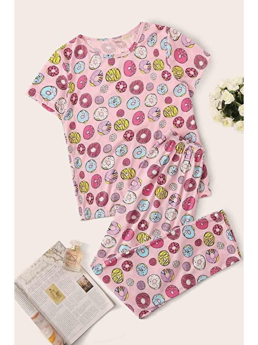 Merry See Kısa Kollu Alt Uzun Donut Baskılı Pijama Takımı