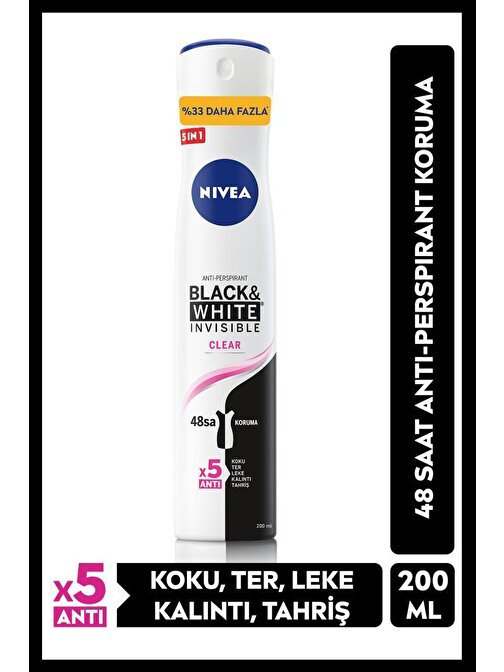 NIVEA Kadın Sprey Deodorant Black&White Invisible Clear 48 Saat Anti-perspirant Koruma 200ml, Ekonomik Boy 