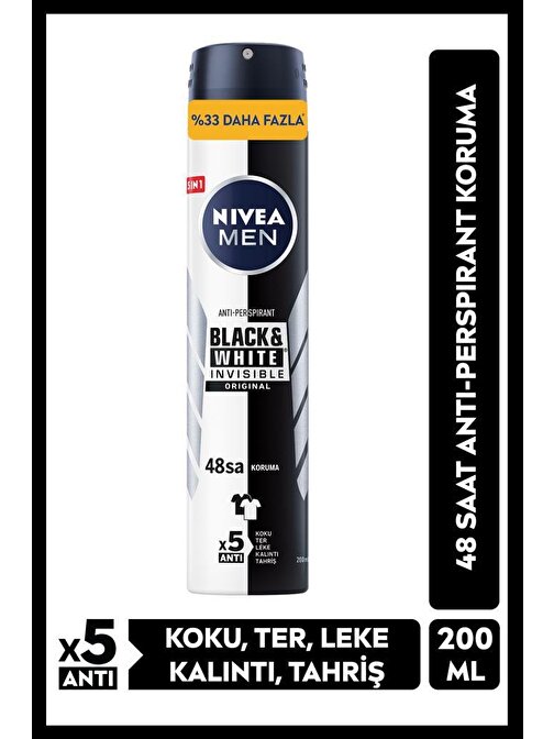 NIVEA MEN Erkek Sprey Deodorant  Black&White Invisible Original Ter ve Ter Kokusuna Karşı 48 Saat Anti-perspirant Koruma 200ml