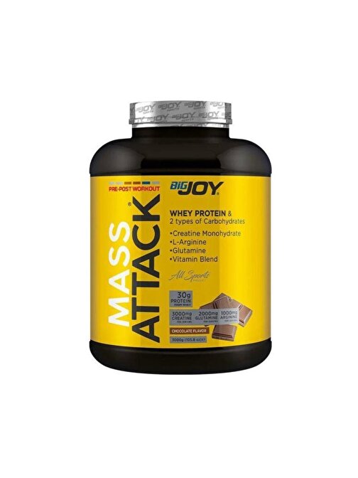Bigjoy Sports Mass-ATTACK 3000gr Çikolata -30gr Whey Protein-54.42gr Karbonhidrat-3gr Kreatin-2gr Glutamin