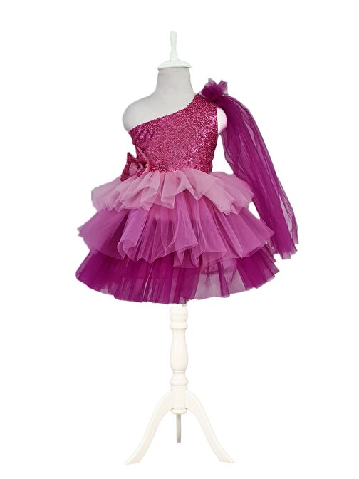 Tek Omuz Pembe Kat Kat Elbise - Kız Çocuk Pembe Abiye Kız Çocuk Elbisesi - Mezuniyet Balo Kostümü