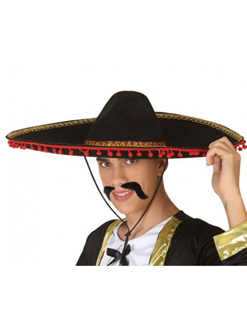 Tugra Ticaret Kırmızı Ponponlu Altın Şeritli Mariachi Jalisco Meksika Şapka Yetişkin Boy