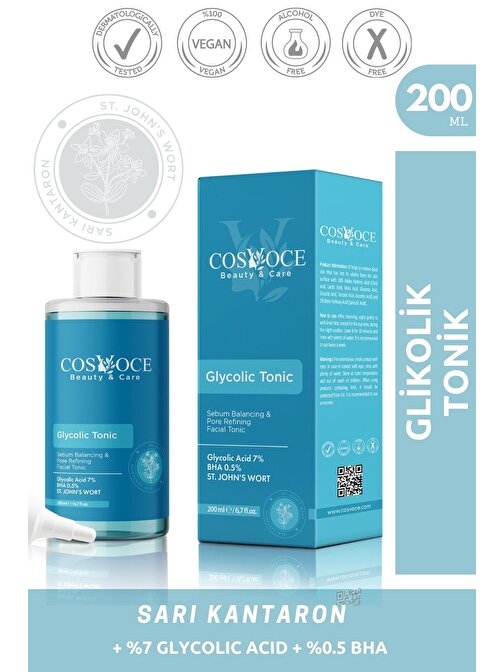 COSVOCE Canlandırıcı ve Gözenek Sıkılaştırıcı Glikolik Asit Tonik 200 ml (Glycolic Asid %7)