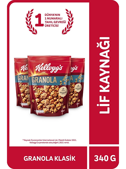 Kellogg's Klasik Granola 340 Gr x3 Adet,%56 Yulaf içerir,Lif Kaynağı,Kahvaltılık Gevrek