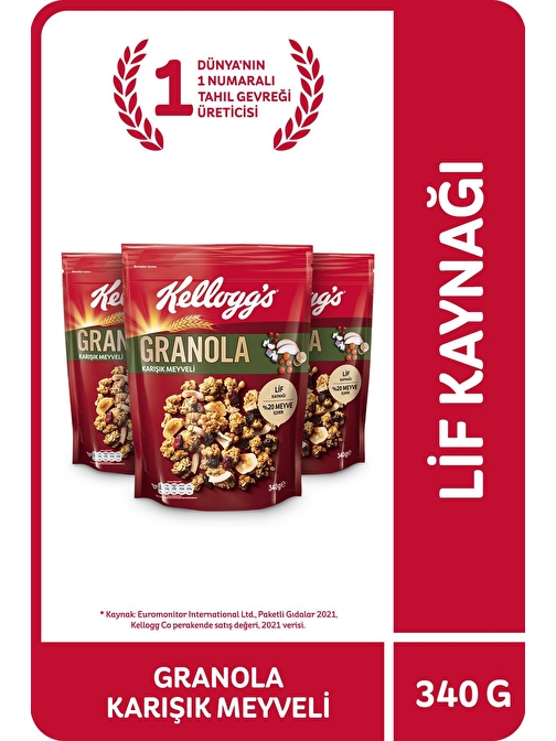 Kellogg's Karışık Meyveli Granola 340 Gr x3 Adet,%45 Yulaf içerir,Lif Kaynağı,%20 Kurutulmuş Meyve