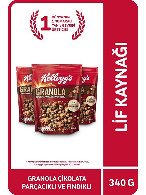 Kellogg's Çikolata Parçacıklı ve Fındıklı Granola 340 Gr x 3 Adet %44 Yulaf içerir Lif Kaynağı