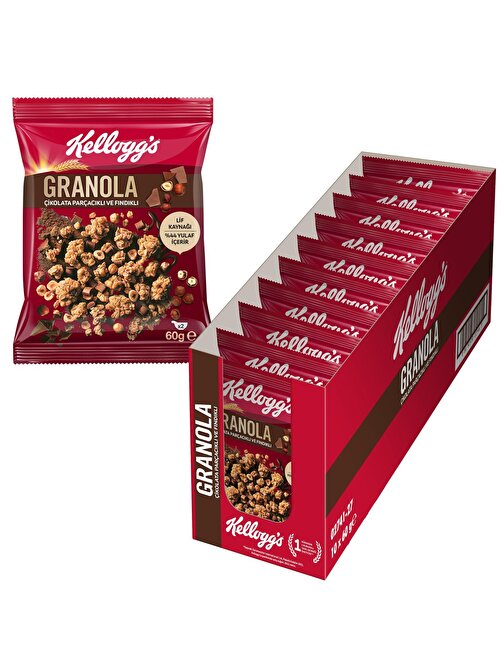 Kellogg's Çikolata Parçacıklı ve Fındıklı Granola 60 Gr x10 Adet %44 Yulaf içerir Lif Kaynağı