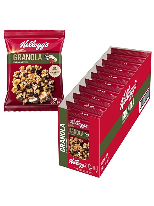 Kellogg's Karışık Meyveli Granola 60 Gr x10 Adet,%45 Yulaf içerir,Lif Kaynağı,%20 Kurutulmuş Meyve