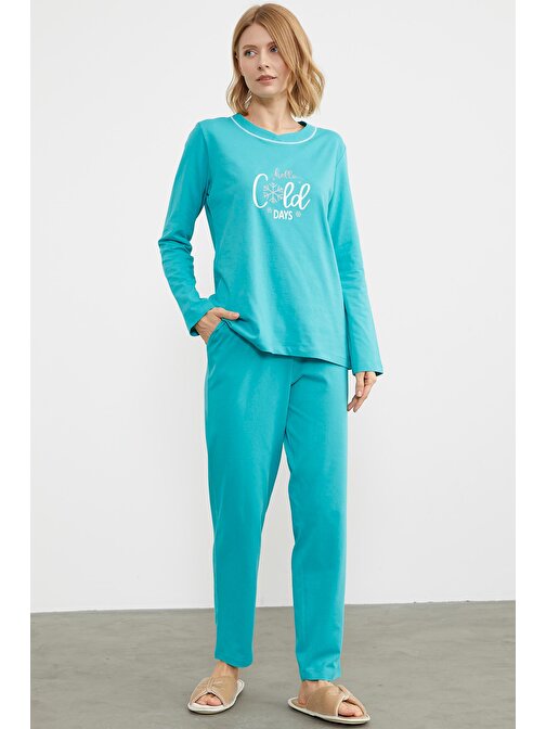 Baskı Detaylı Düz Pijama Takım - Mavi