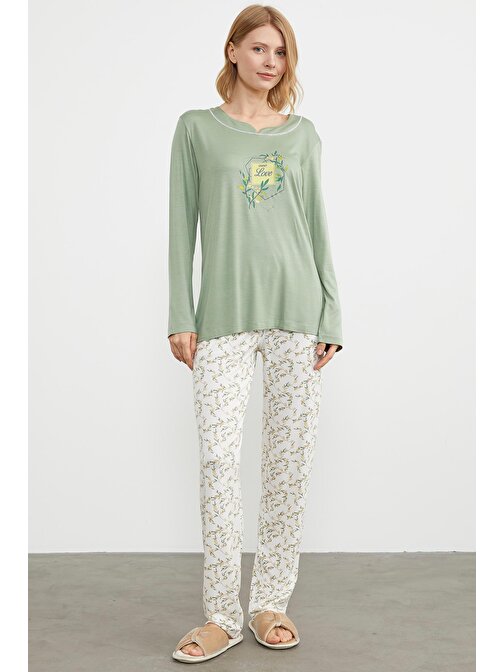 Çiçek Desenli Baskılı Pijama Takım - Yeşil