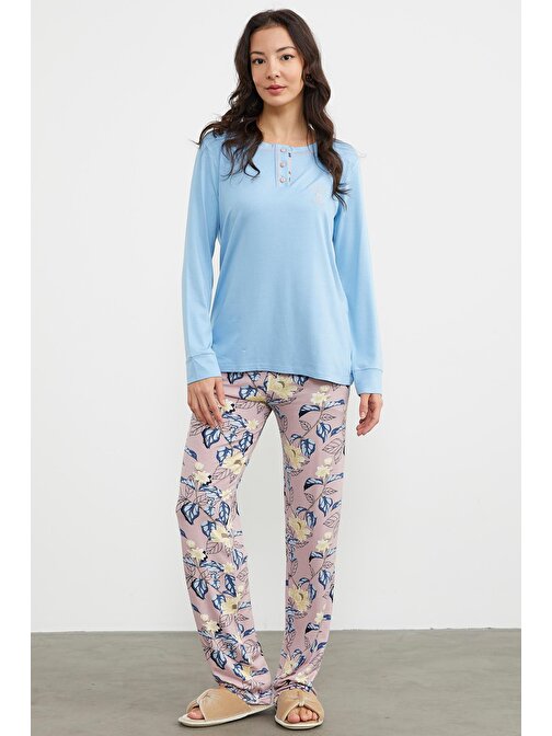 Düz Desenli Kombinli Pijama Takım - Mavi