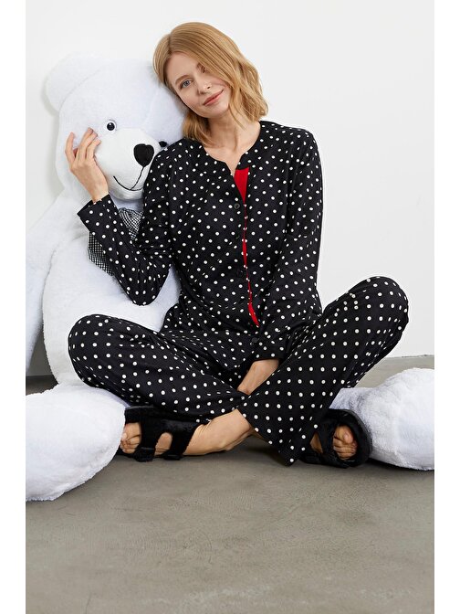 Puantiye Desenli Önden Düğmeli Pijama Takım - Siyah