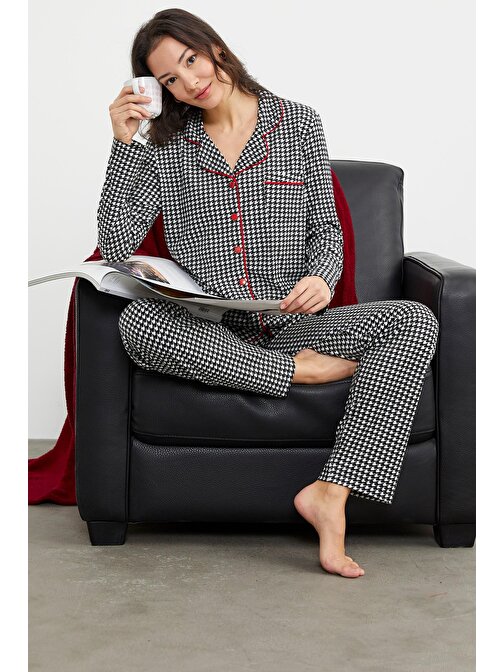 Gömlek Model Kareli Pijama Takım - Siyah