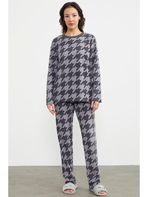 Sıfır Yaka Desenli Polar Pijama Takım - Antrasit
