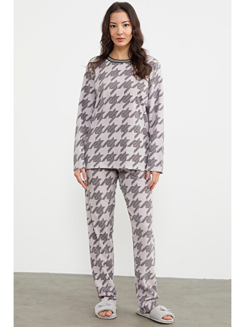 Sıfır Yaka Desenli Polar Pijama Takım - Gri