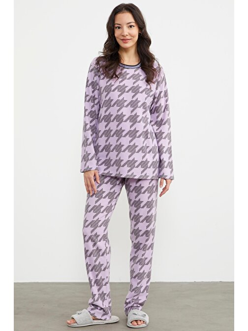 Sıfır Yaka Desenli Polar Pijama Takım - Lila