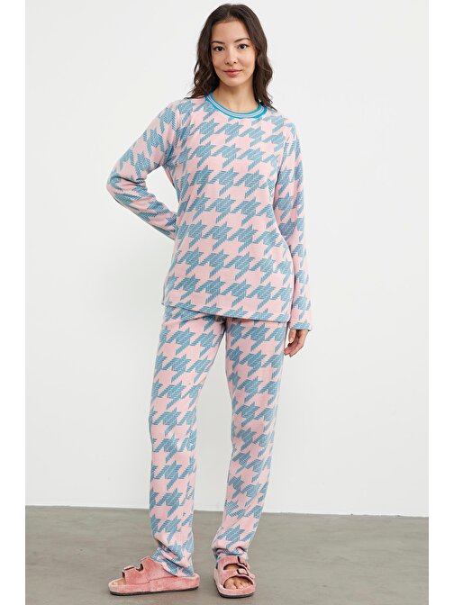 Sıfır Yaka Desenli Polar Pijama Takım - Pembe