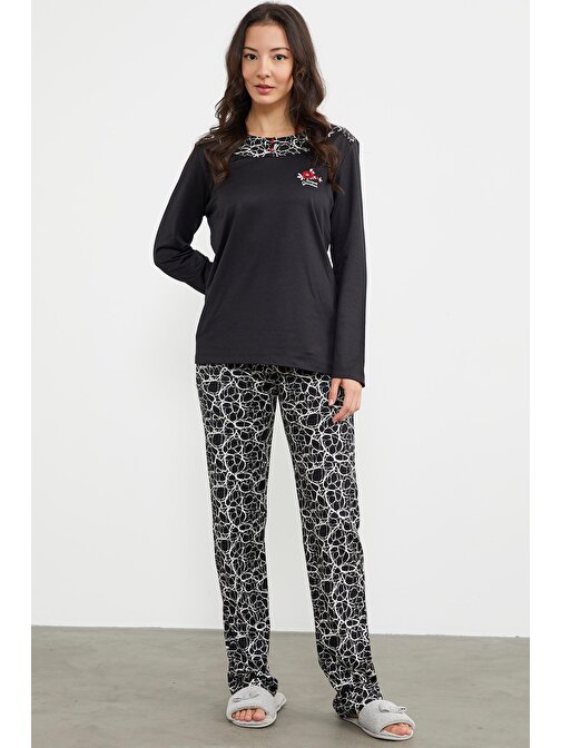 Karışık Desenli Uzun Kol Pijama Takım - Siyah