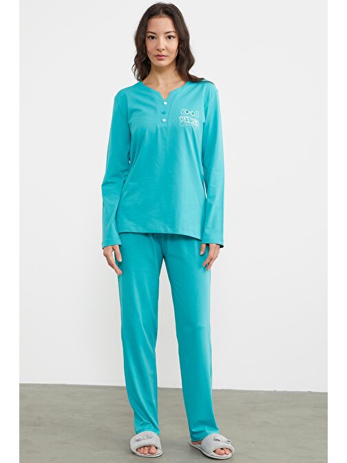 Açık Yaka Düğme Detaylı Pijama Takım - Mavi