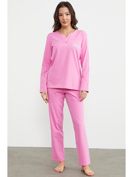 Açık Yaka Düğme Detaylı Pijama Takım - Pembe