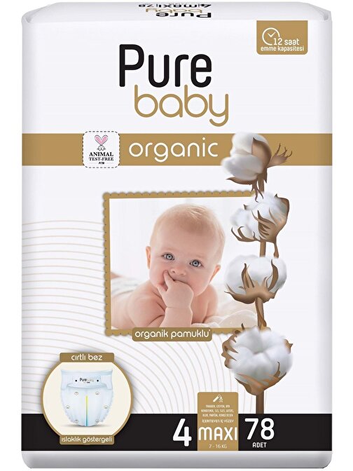 Pure Baby Organik Pamuklu Cırtlı Bez 4 Numara Maxi 78 Adet