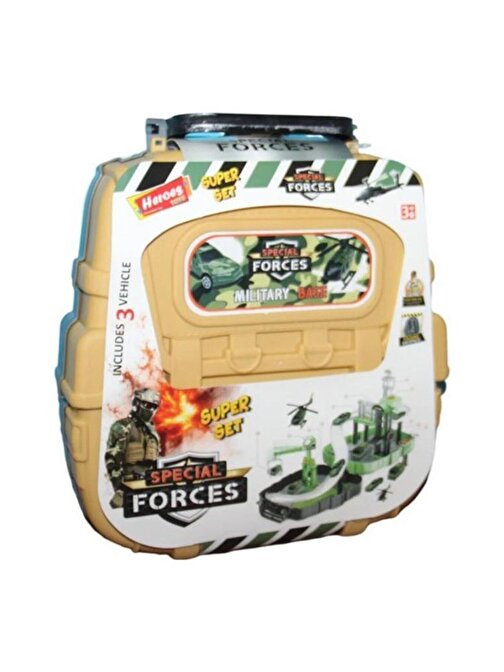 Heroes Toys Çantalı Asker Seti Arabalı ERN-2014 Kahve,Sırt Çantalı Taşınabilir Oyuncak Garaj Seti