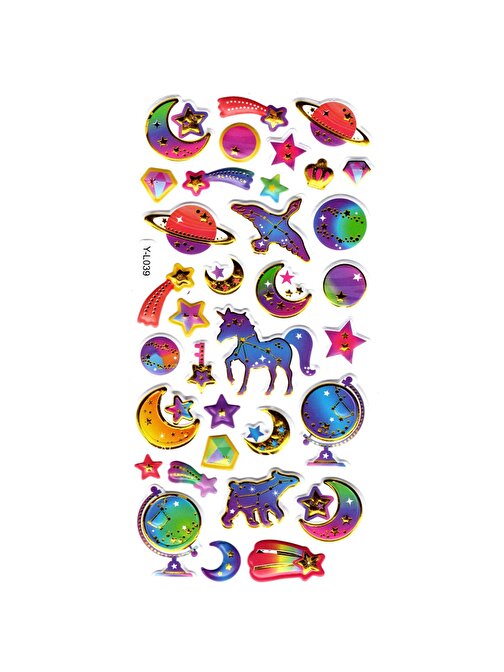 Sticker Kabartmalı Stiker Defter, Planlayıcı Etiket (limyl-039)-17X9 cm- Rainbow Gezegen Unicorn