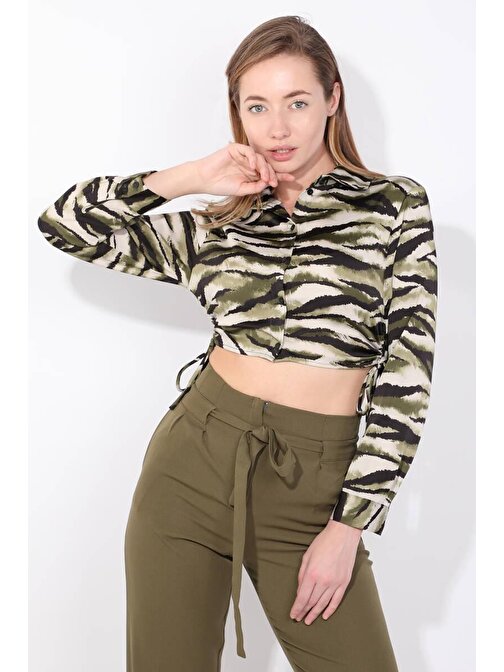 Kadın Yeşil Zebra Desen Crop Gömlek