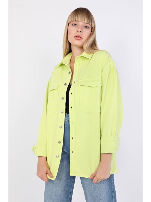 Kadın Oversize Jean Gömlek Neon Yeşil