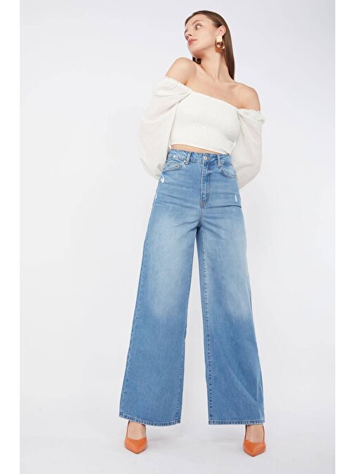 Kadın Mavi Bol Paça Uzun Jean Pantolon