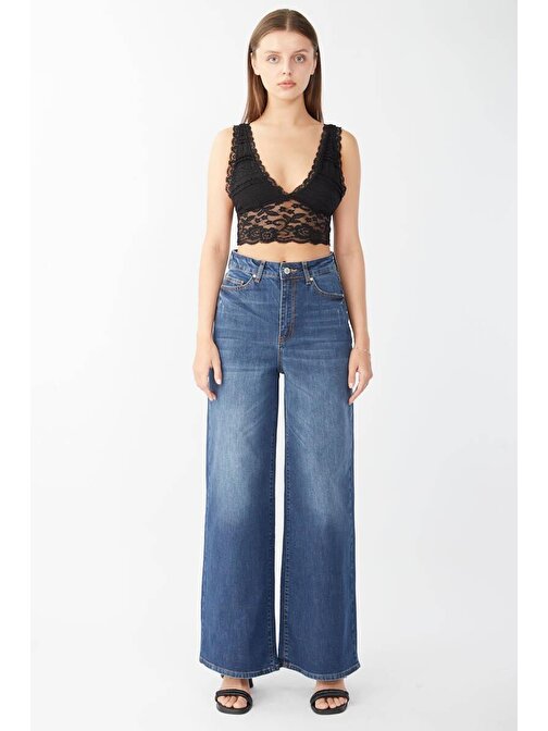 Kadın Koyu Mavi Bol Paça Uzun Jean Pantolon