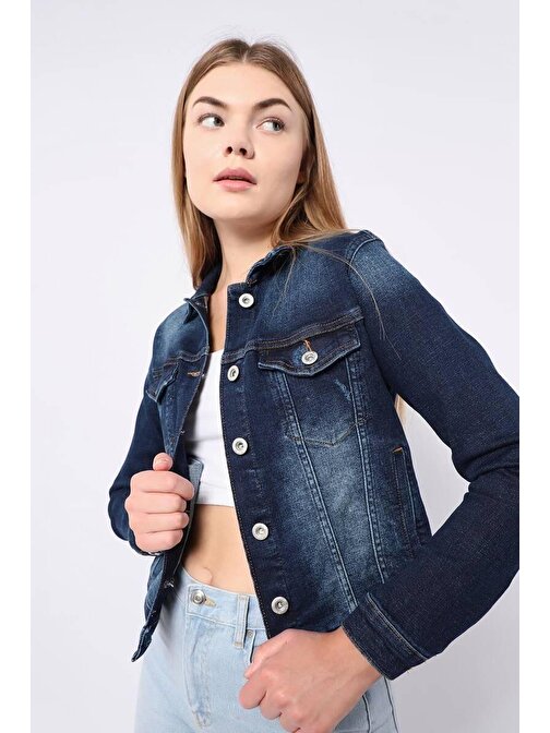 Kadın Koyu Mavi Slim Fit Jean Ceket